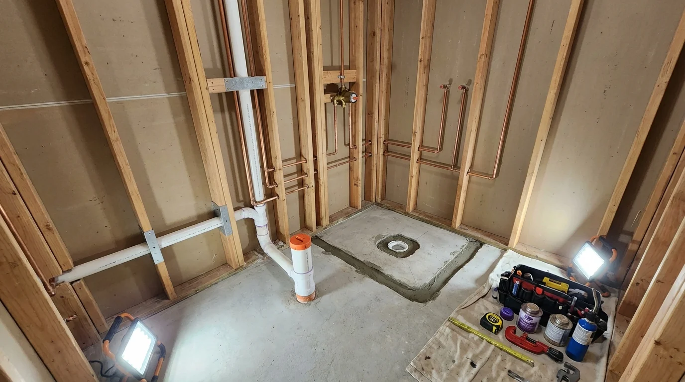 Bathroom rough-in plumbing during remodel by Johns Plumbing LLC in Creston