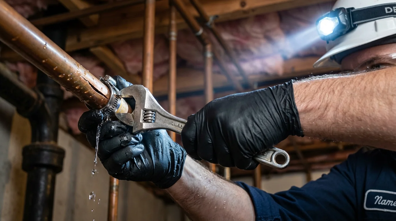 Emergency pipe clamp repair being performed by a Johns Plumbing LLC plumber in Creston