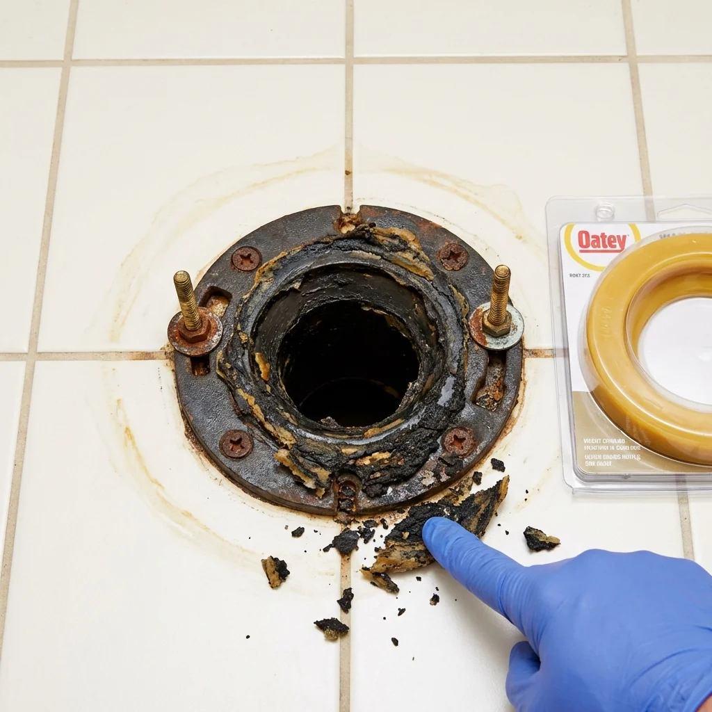 Failed wax ring showing water seepage at the base of a toilet in a Creston, IA home