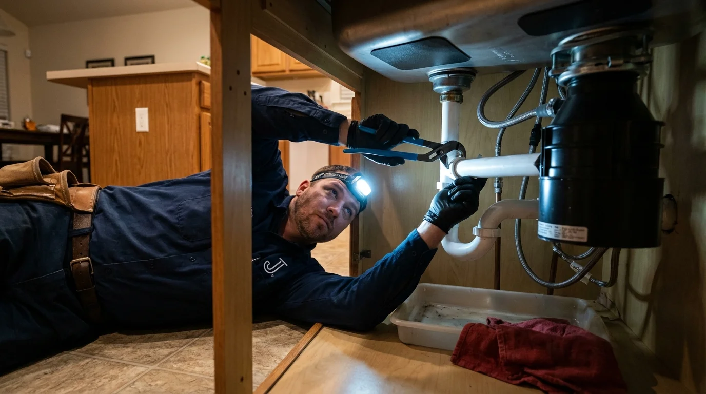 P-trap and supply line connections under a kitchen sink showing a common leak point in Creston, IA